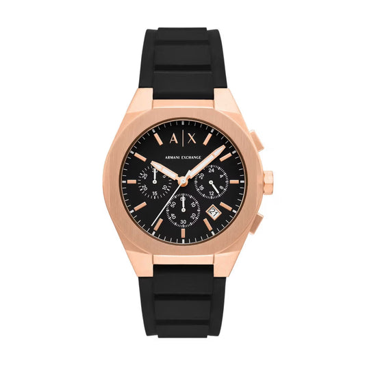 Black watch with rose gold case and black strap on a white background