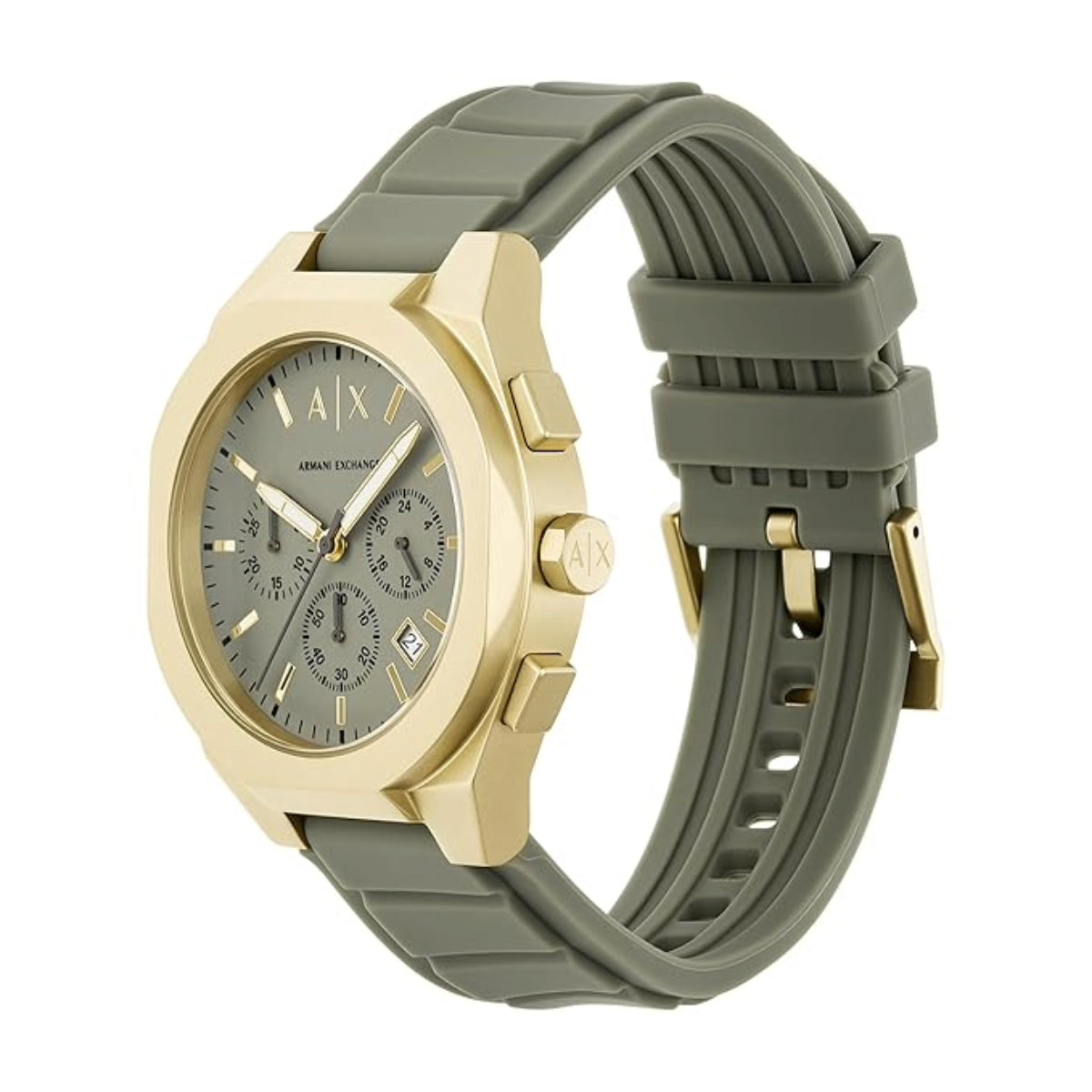 Watch with gold case and green silicone strap on a white background