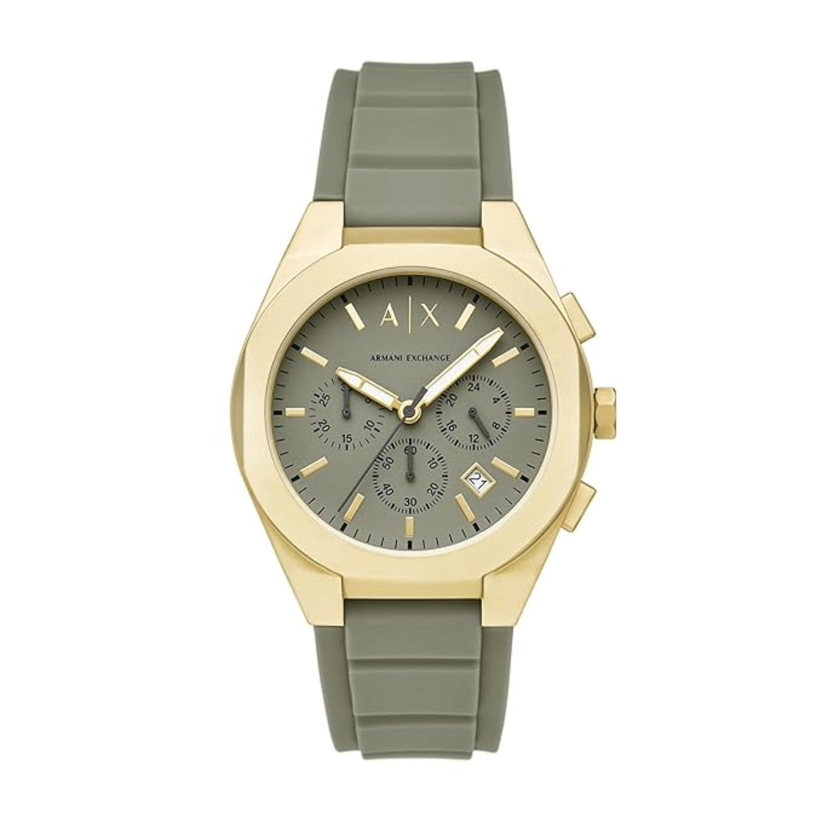 Watch with gold case and green silicone strap on a white background