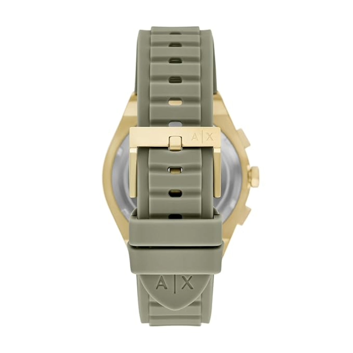 Watch with green strap and gold case on a white background