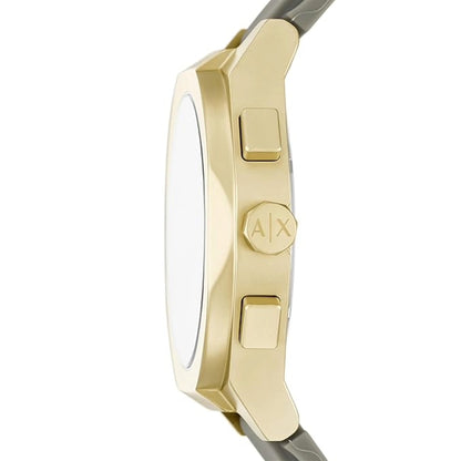 Gold watch case with Armani Exchange logo on a white background