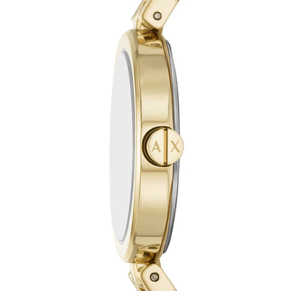 Gold watch with Armani Exchange logo on a white background