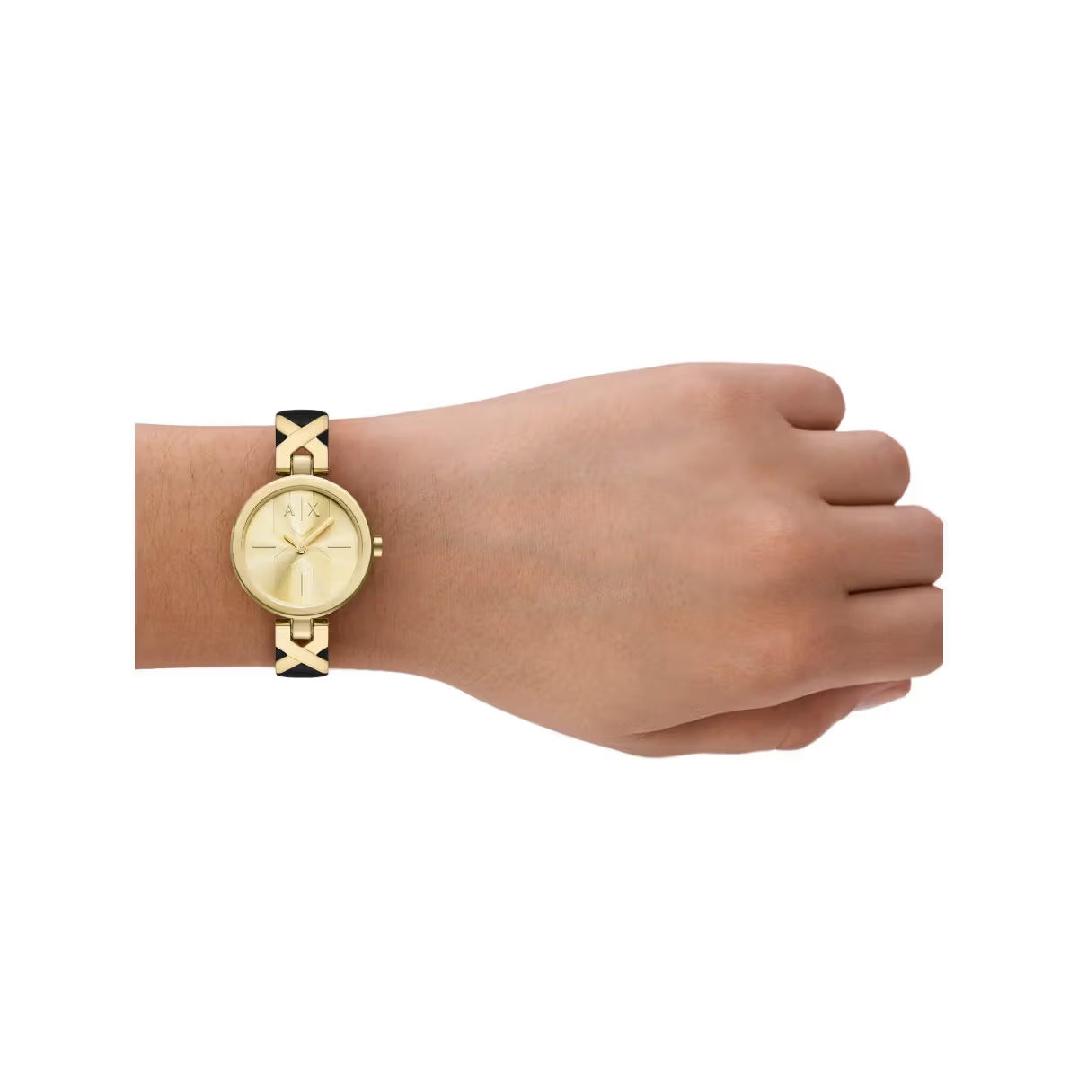 Gold watch on a wrist against a white background