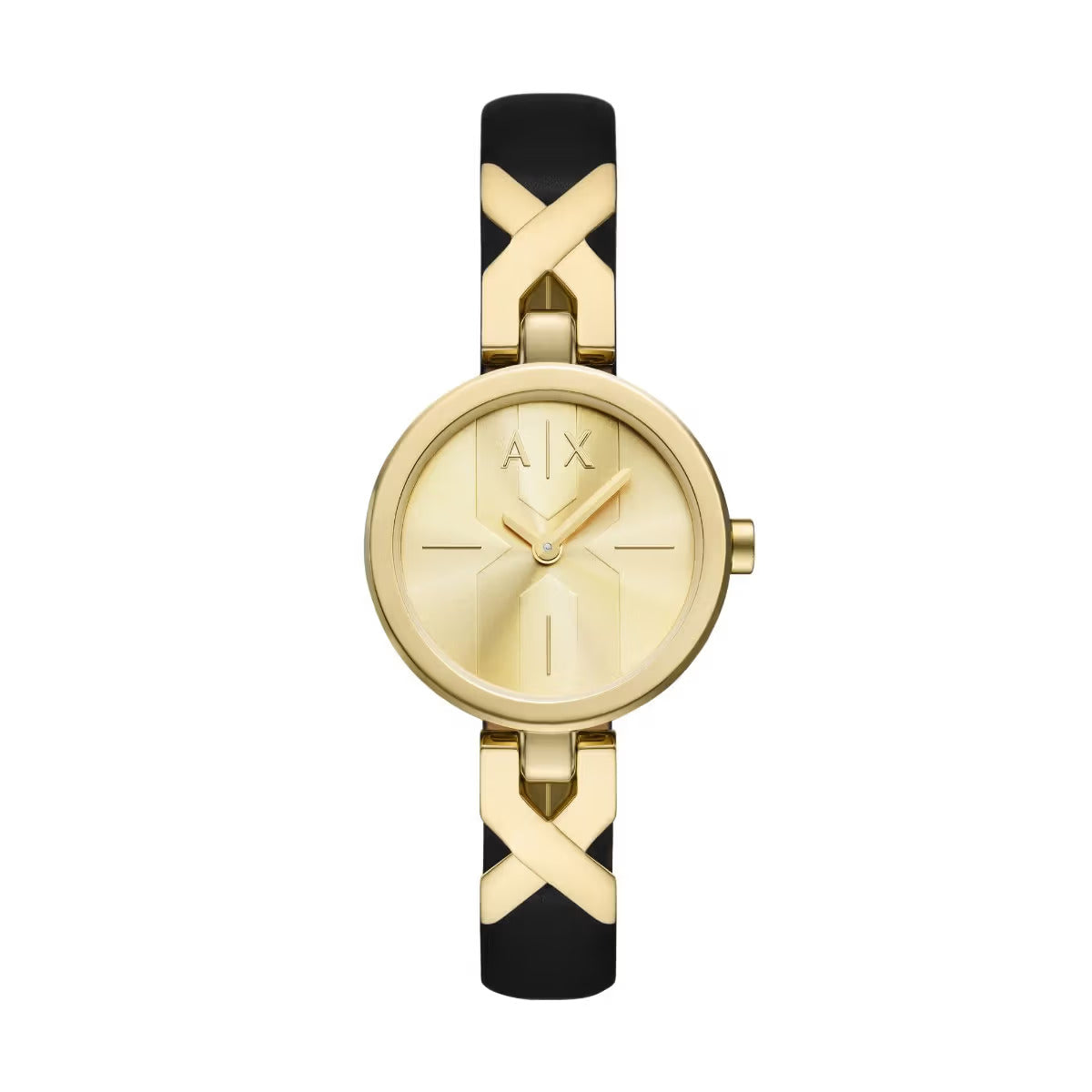 Gold and black watch with Armani Exchange logo on a white background