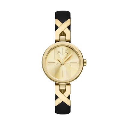 Gold and black watch with Armani Exchange logo on a white background