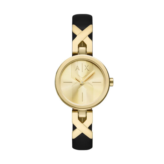 Gold and black watch with Armani Exchange logo on a white background