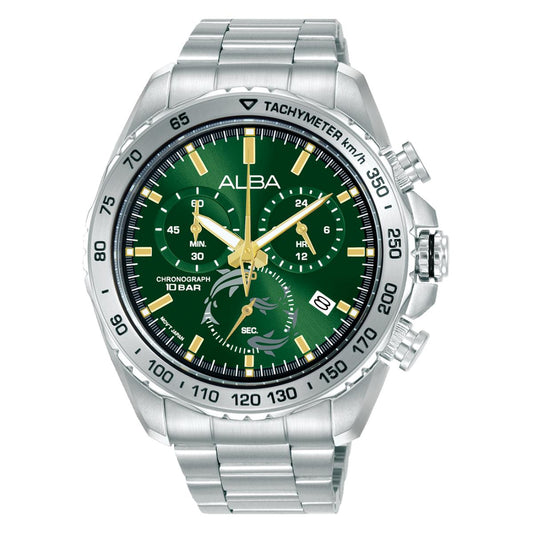 Silver watch with green face and detailed design on a white background