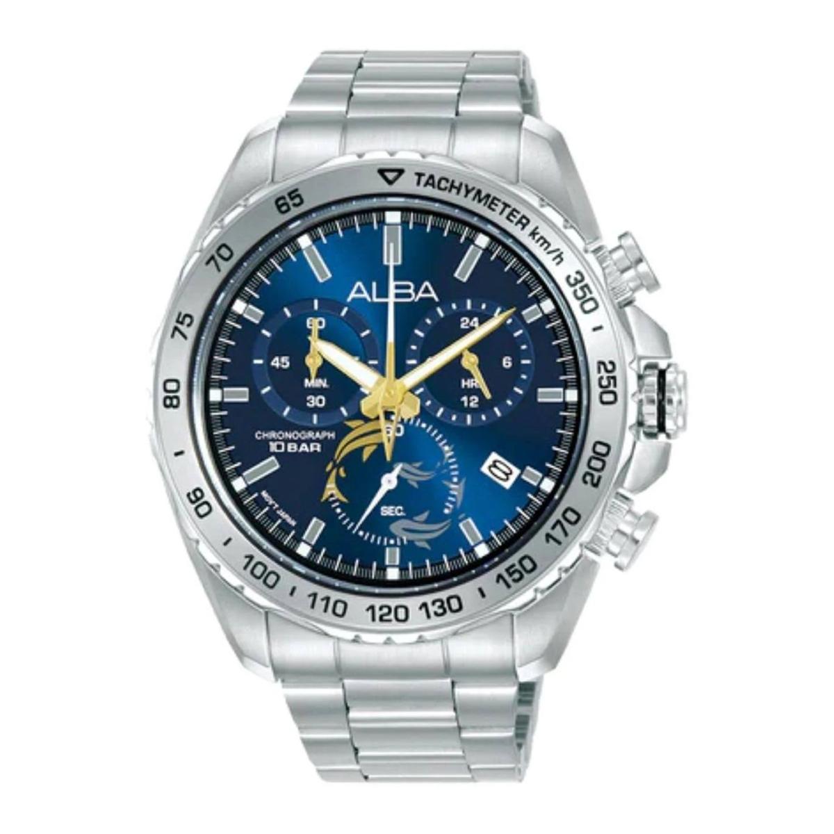 Silver watch with blue face and visible brand name on a white background