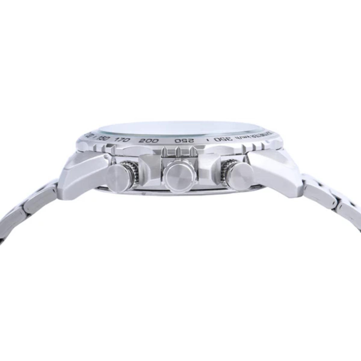 Close-up of a silver wristwatch on a white background