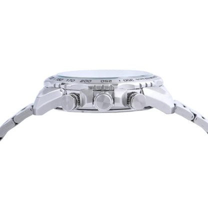 Close-up of a silver wristwatch on a white background
