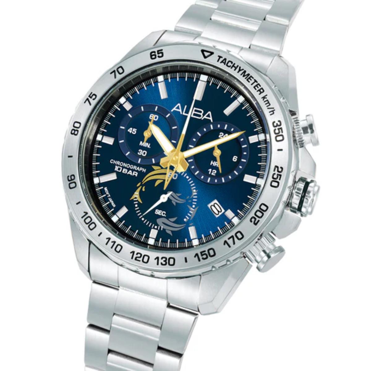 Silver watch with blue dial on a white background