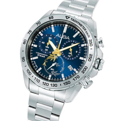 Silver watch with blue dial on a white background