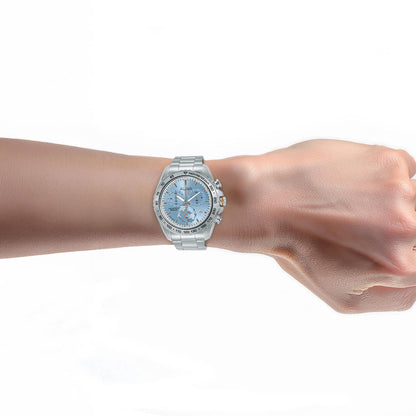 Silver watch on a wrist against a white background