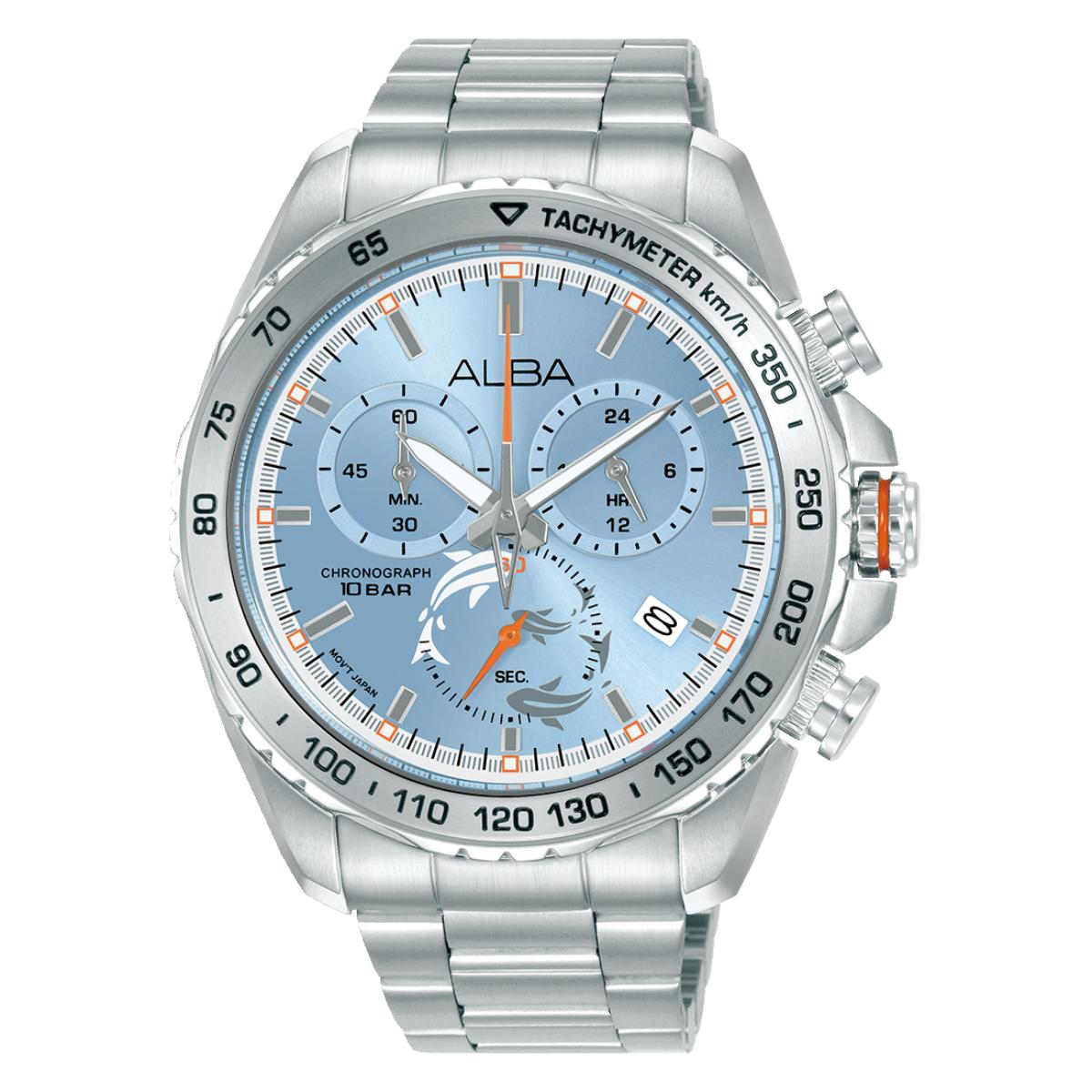 Silver watch with a blue face displaying the brand 'Alba' on a white background