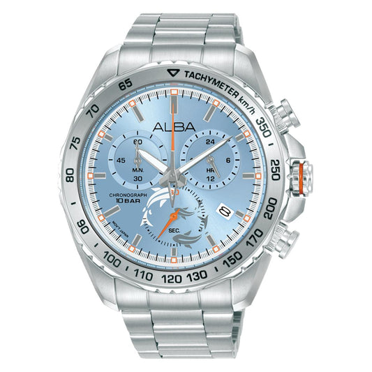 Silver watch with a blue face displaying the brand 'Alba' on a white background