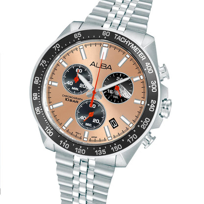 Silver watch with a brown face displaying the brand 'Alba' on a white background