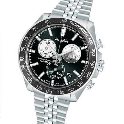 Silver watch with a black dial on a white background