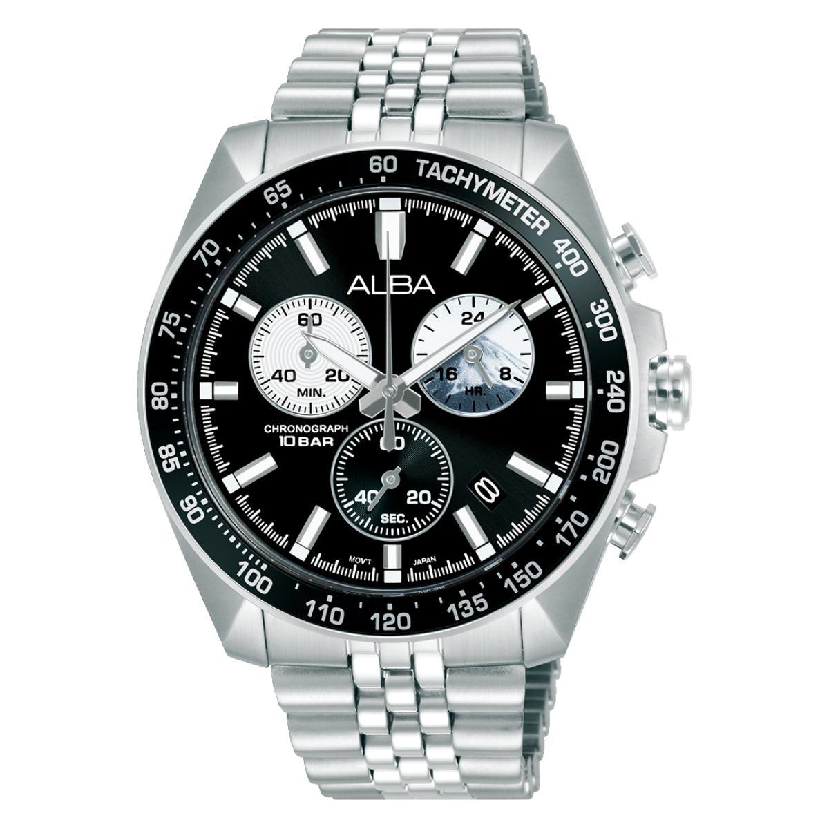 Silver watch with black dial on a white background