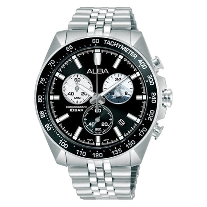 Silver watch with black dial on a white background