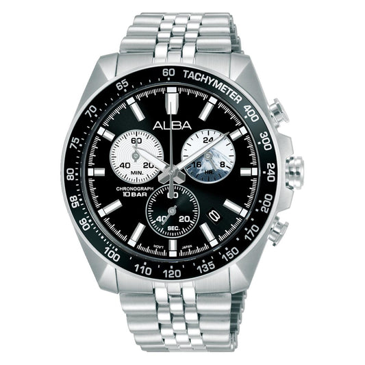 Silver watch with black dial on a white background
