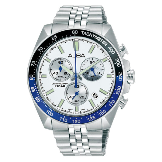 Silver watch with a white face and blue accents on a white background