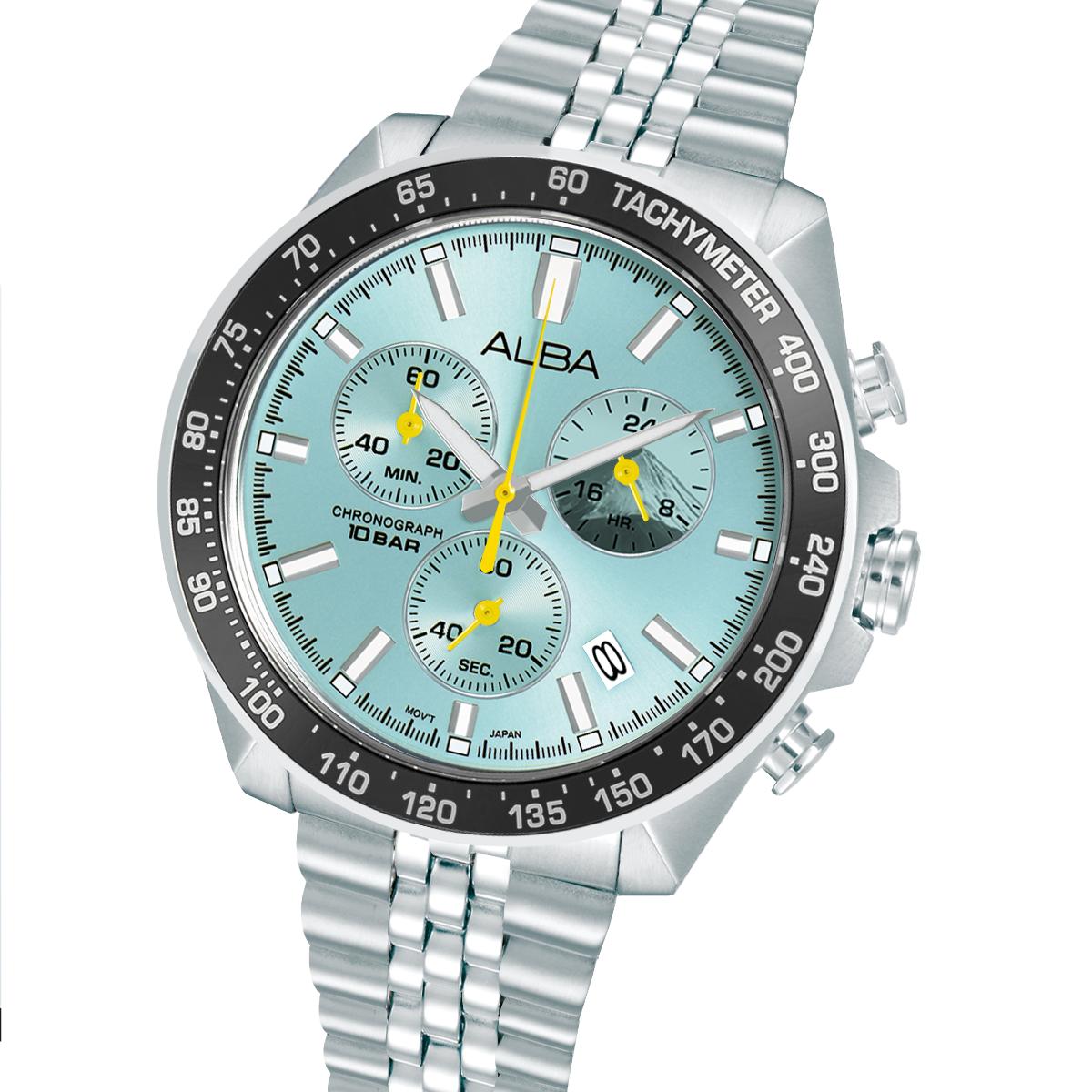 Silver watch with a blue face and 'Alba' branding on a white background