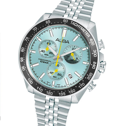 Silver watch with a blue face and 'Alba' branding on a white background