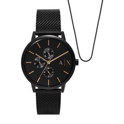 Armani Exchange Black Round Dial Analog Men's Watch with Chain AX7162SET