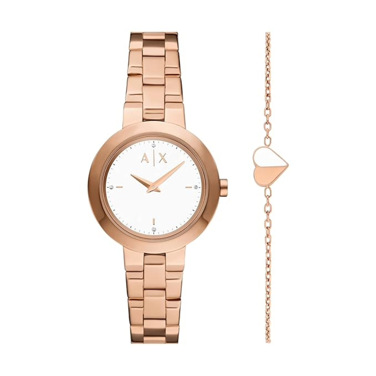Rose gold watch with matching bracelet on a white background