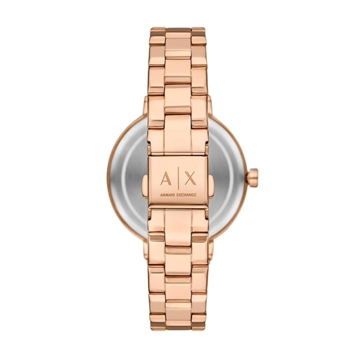 Rose gold watch with Armani Exchange logo on a white background