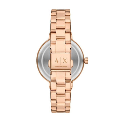 Rose gold watch with Armani Exchange logo on a white background