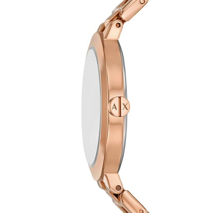 Rose gold watch with Armani Exchange logo on a white background