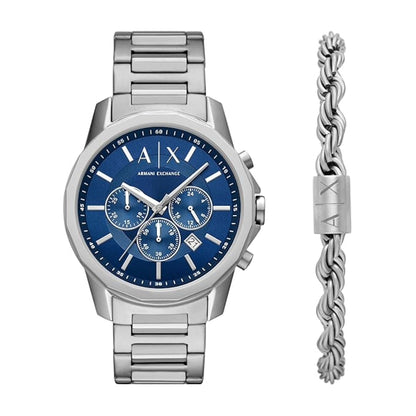 Silver watch and bracelet set with blue dial on a white background