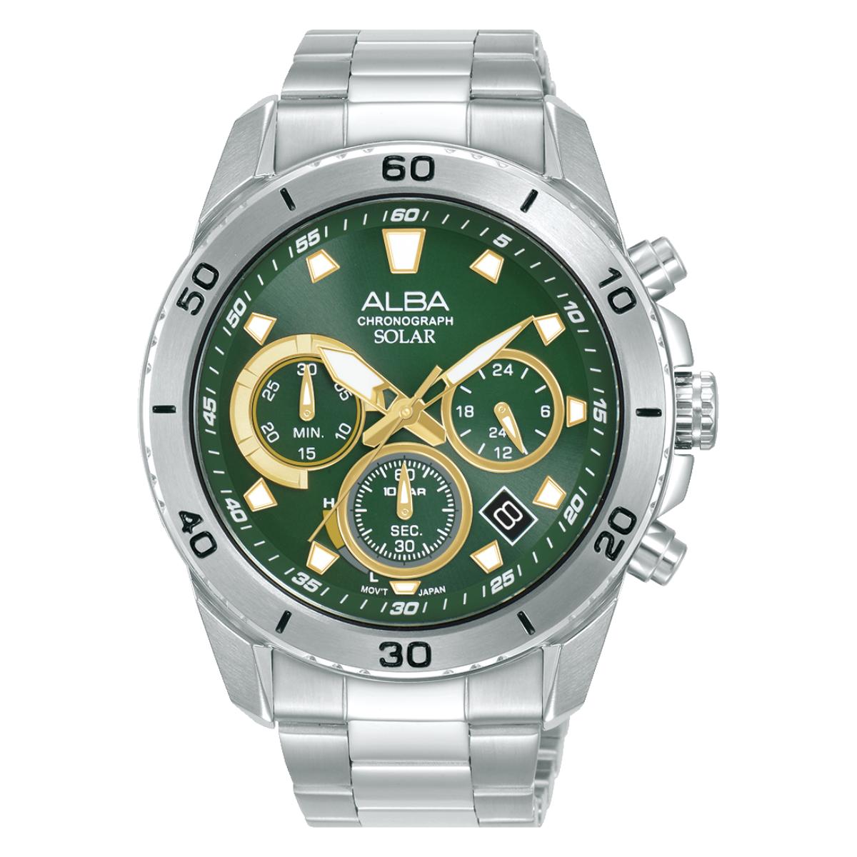 Green watch with silver case and band on a white background