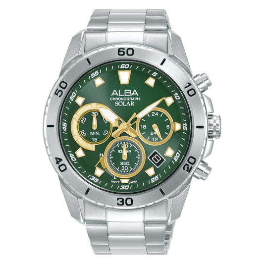 Green watch with silver case and band on a white background