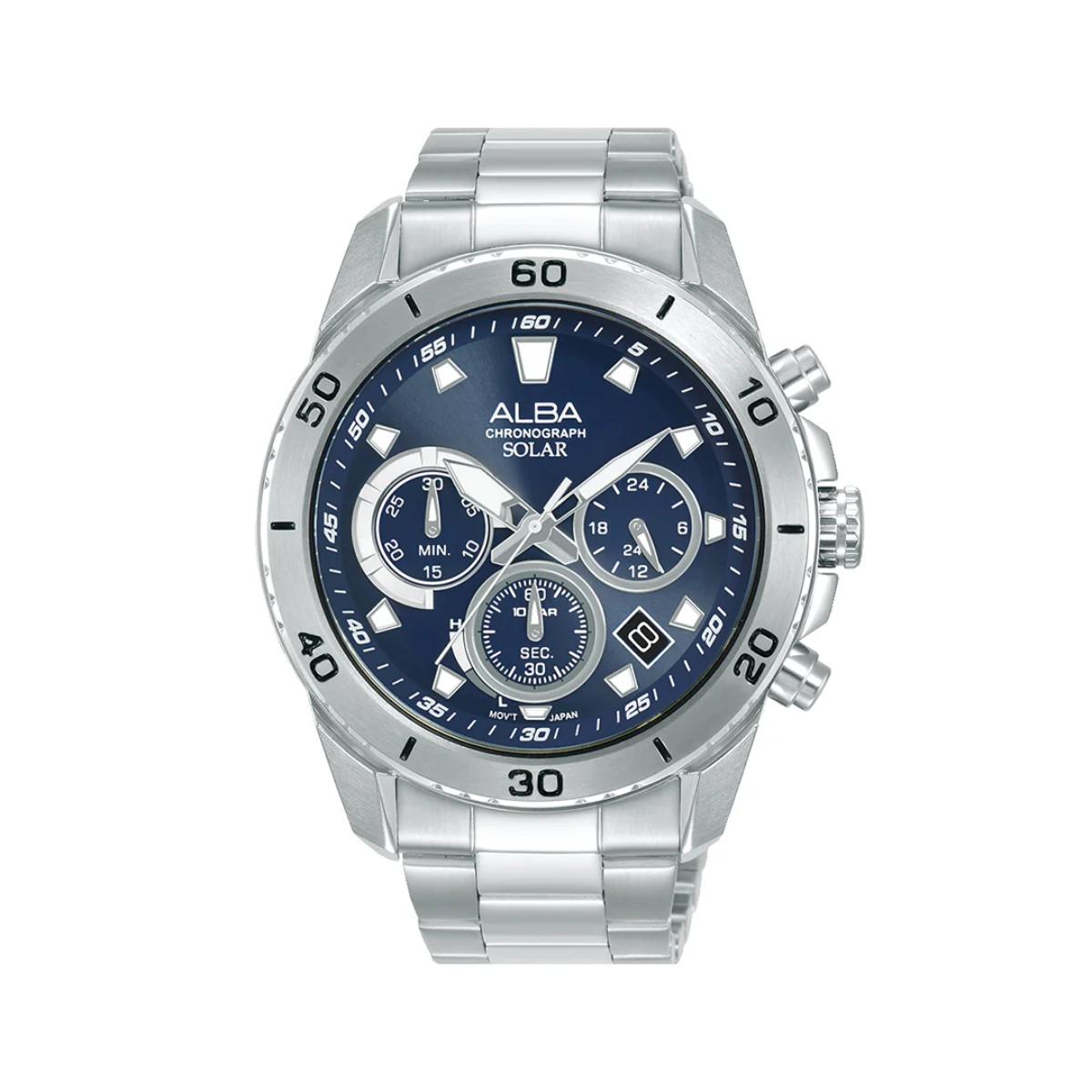 Silver watch with a blue face on a white background