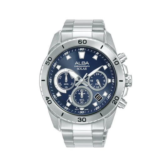 Silver watch with a blue face on a white background