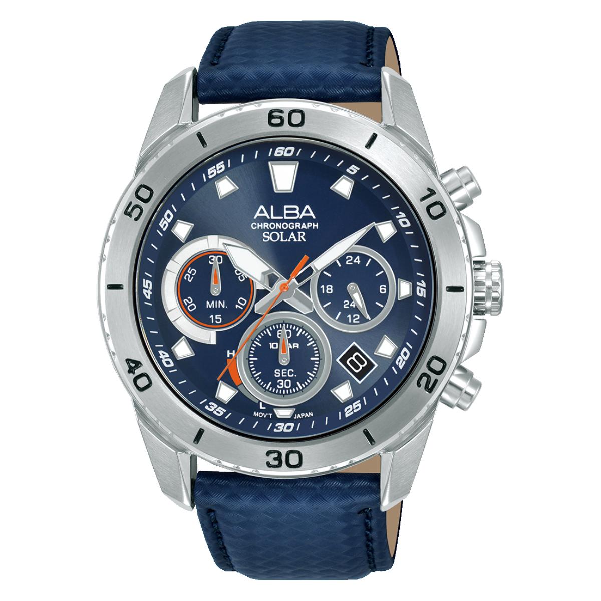 Blue watch with silver case and blue leather strap on a white background
