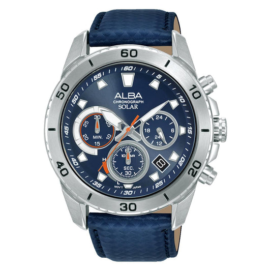 Blue watch with silver case and blue leather strap on a white background