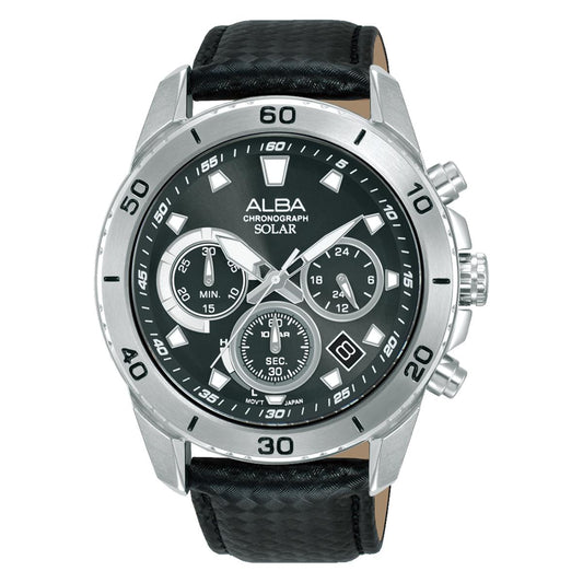 Alba chronograph solar watch with black dial and leather strap on a white background