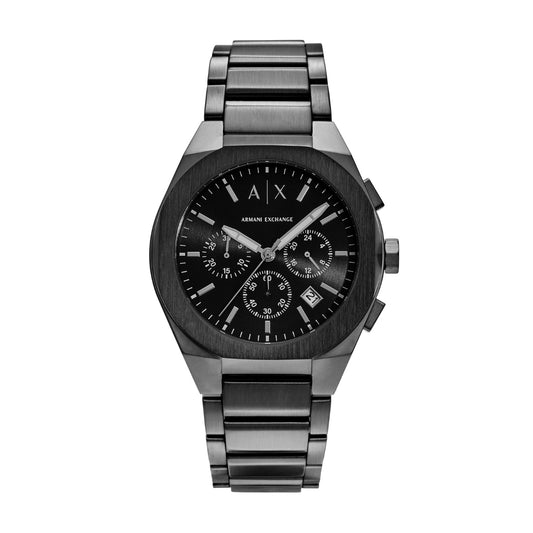 Black Armani Exchange watch with silver bracelet on a white background