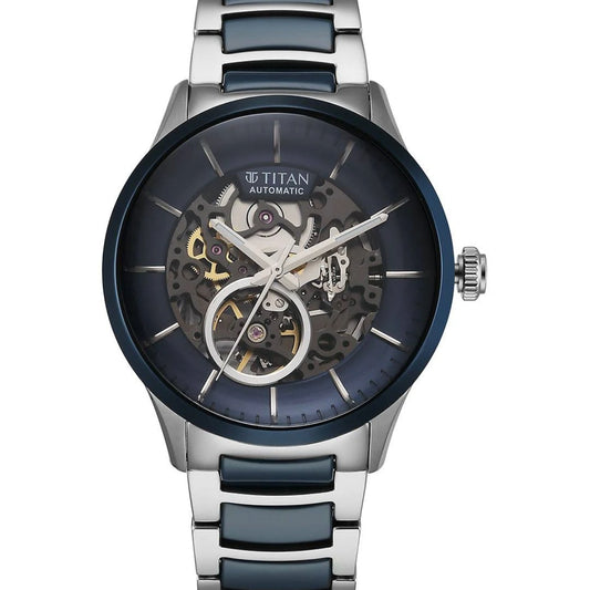 Titan Ceramic Fusion Automatic Blue Dial Silver Dual-Tone Men Watch 90174KD02