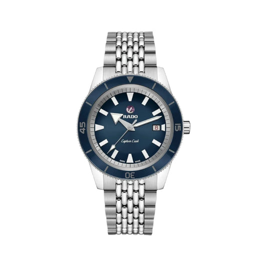 Silver watch with blue dial on a white background