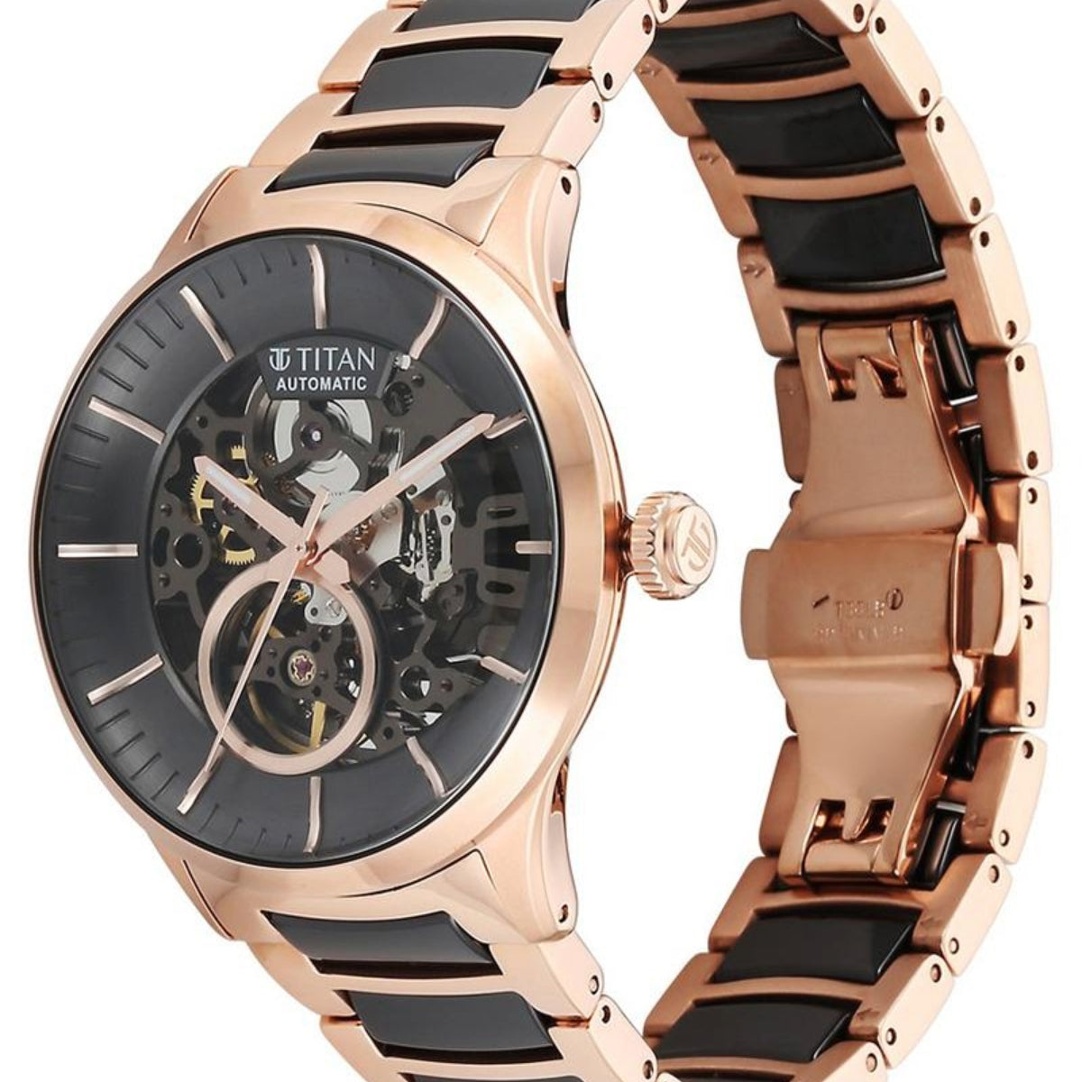 Titan Ceramic Fusion Automatic Black Dial Rose Gold Dual-Toned Watch for Men 90174KD03