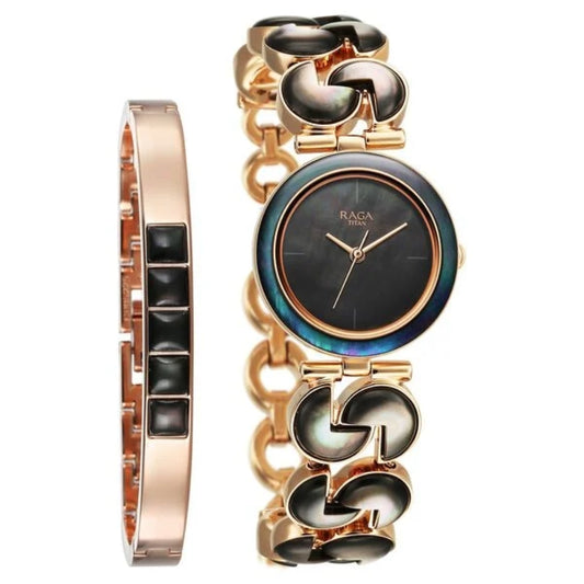 Titan Raga Black Pearl Quartz Analog Mother Of Pearl Dial Metal Strap Watch For Women 95233WM02