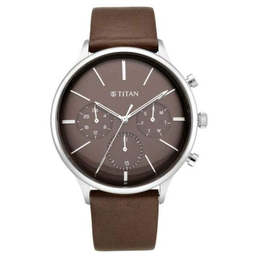 Titan Quartz Multifunction Brown Dial Leather Strap Watch for Men NS90134SL02