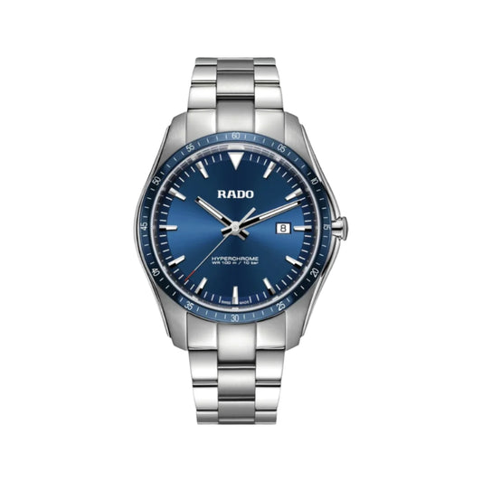Silver Rado watch with blue dial on a light gray background
