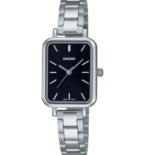 Casio watch with black face and silver metal strap on a light gray background