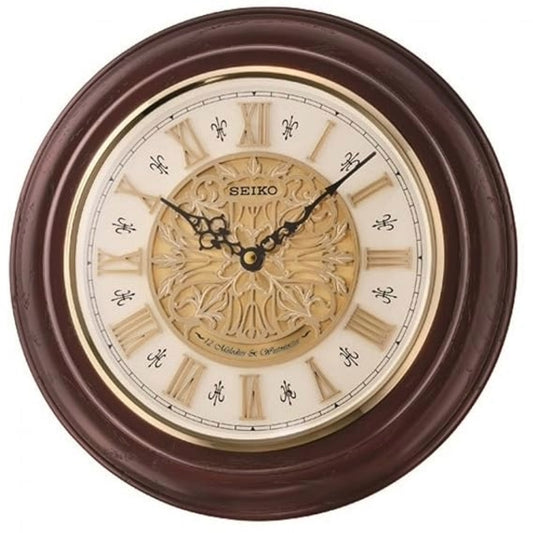 Seiko Wall Clock Oak Wood Musical with Ornamental Dial and Roman Numerals QXM342BN
