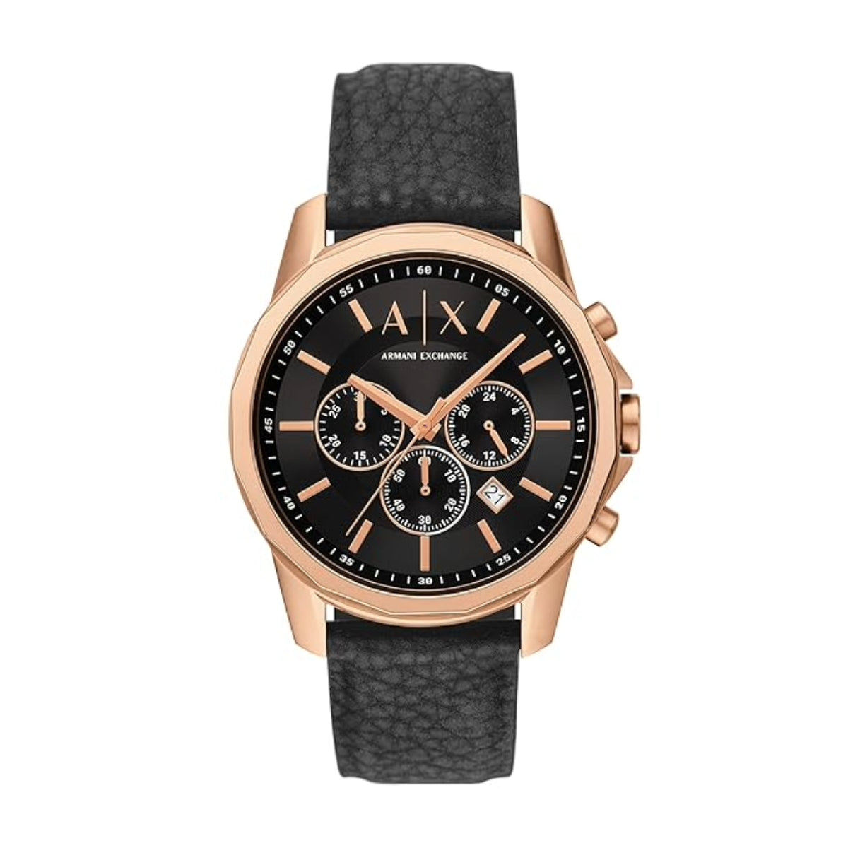 Armani Exchange watch with black leather strap and rose gold case on a white background